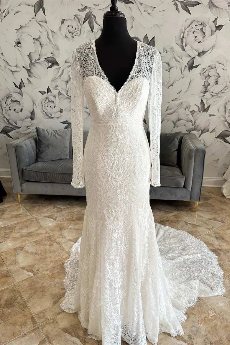 Vestido de novia sirena de manga larga con encaje, escote en V y espalda con cordones